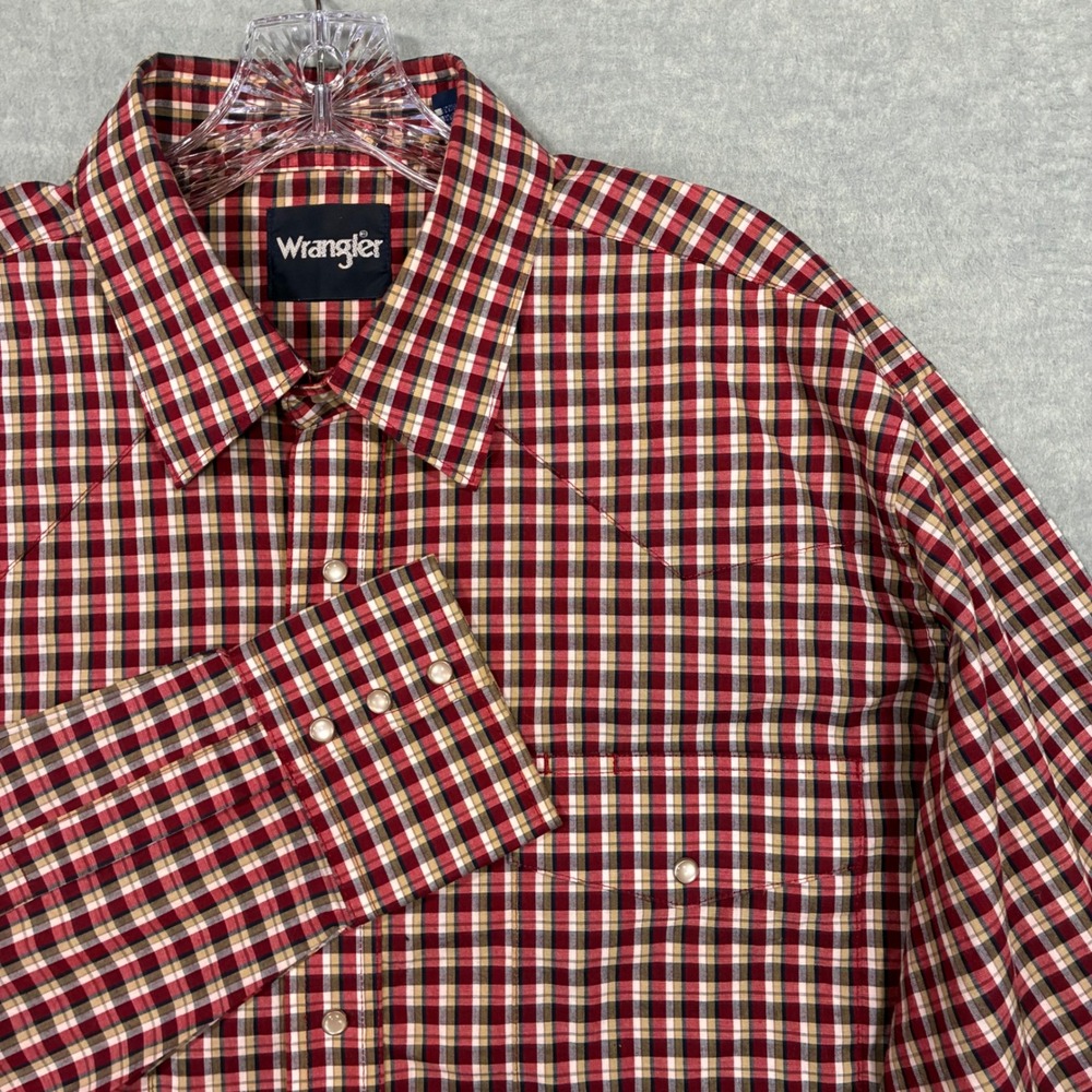 Wrangler Mens XLT Red Plaid Long Sleeve Western Pearl Snap Shirt MWR366M Tall